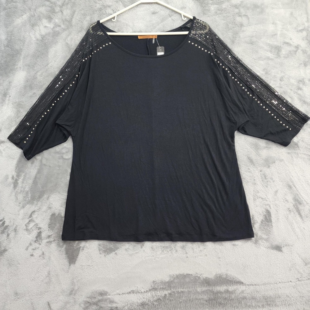 NEW Belldini Top Womens 1X Black Gold Studded Sequin Sheer Dolman Sleeve Stretch